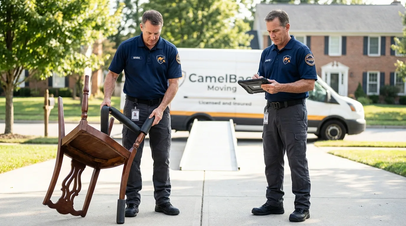 Movers inspecting furniture for damage prevention before loading in Frisco, CO